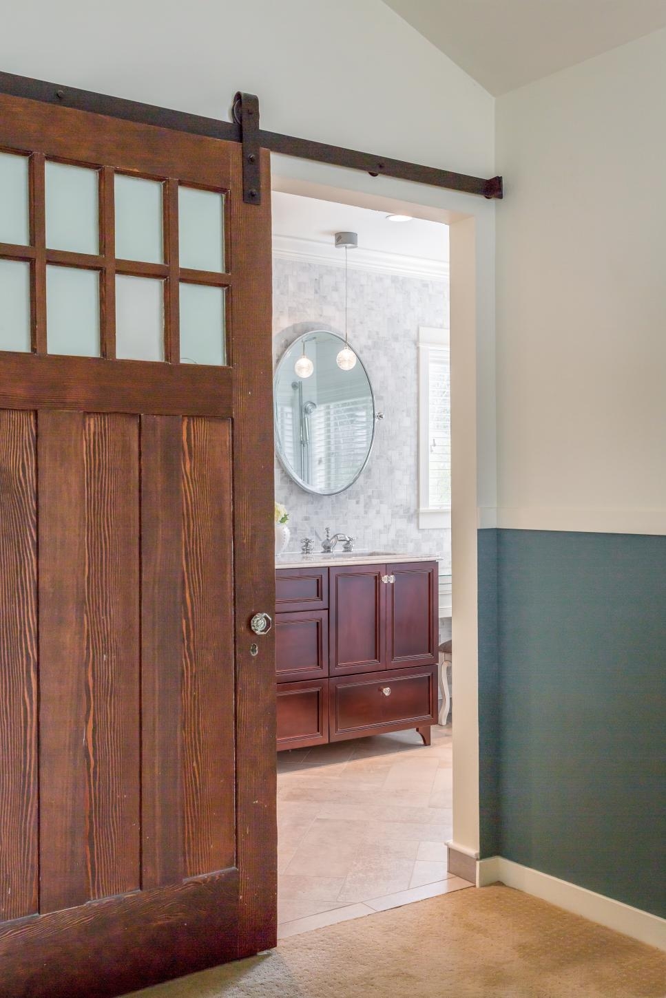 Sliding Barn Door Master Bathroomfloor to ceiling tile creates serene master bathroom harmony