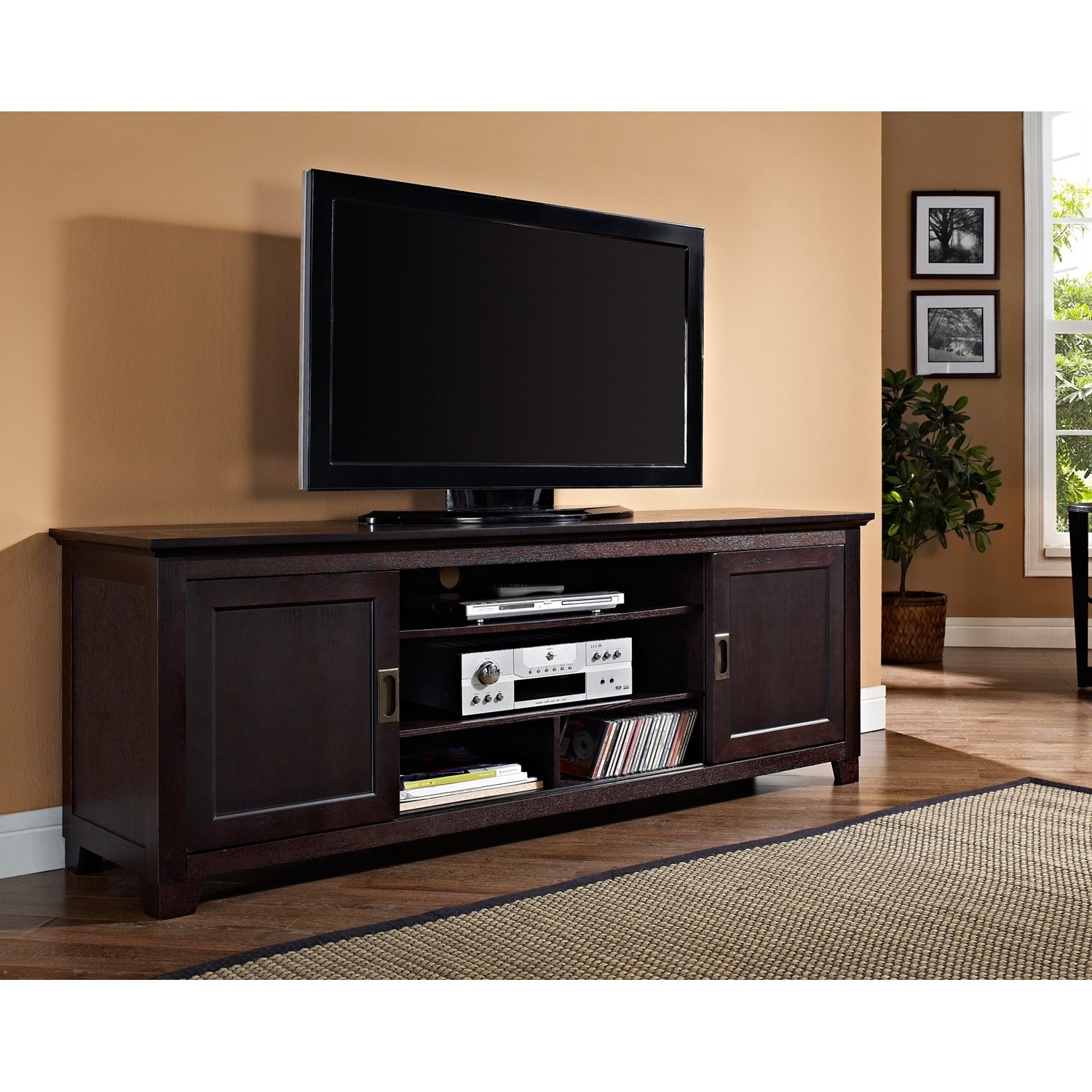 Sliding Door Tv Stand Espressowalker edison 70 wide espresso wood tv stand console with sliding