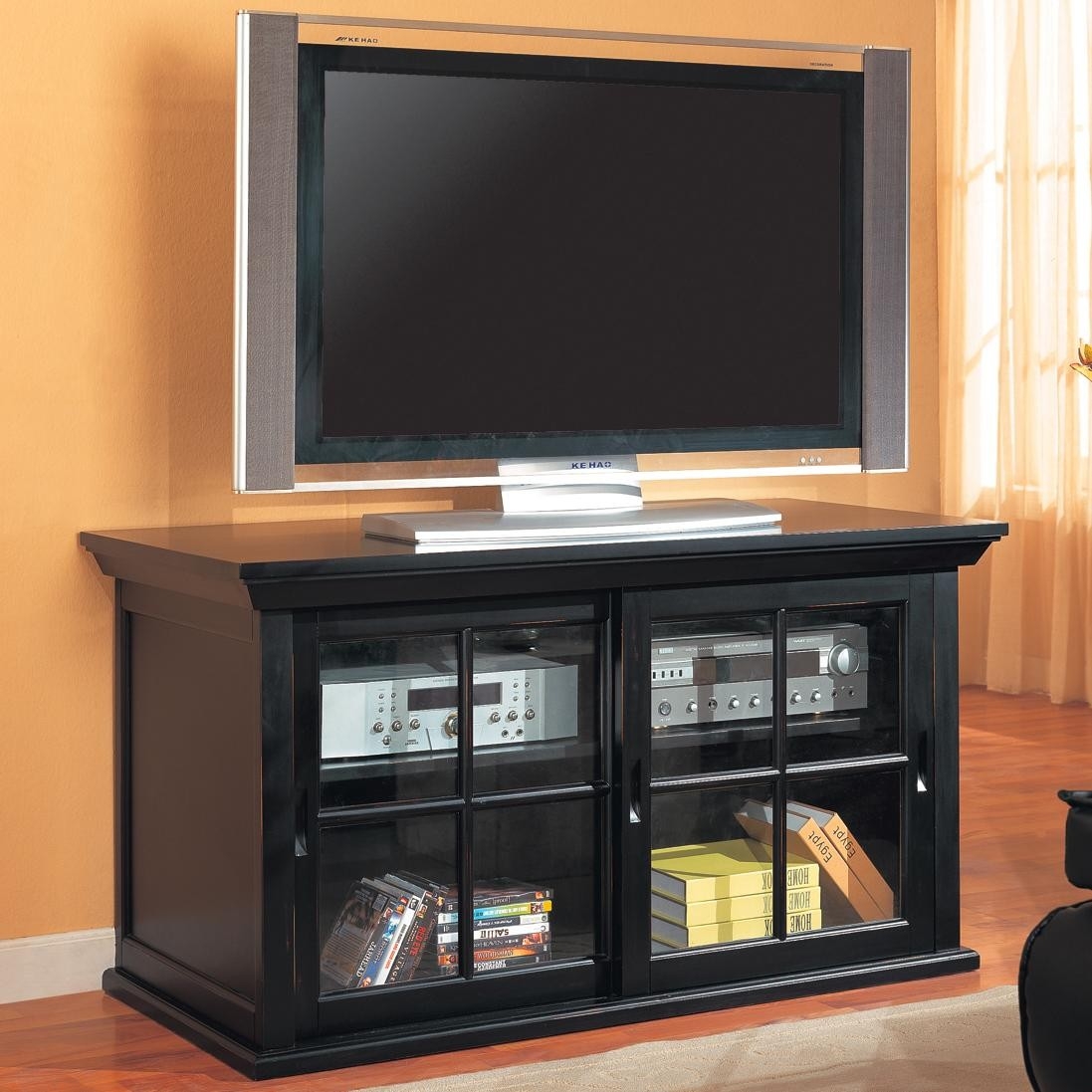 Tv Stand With Sliding Glass Doorstv stands transitional media console with sliding glass doors