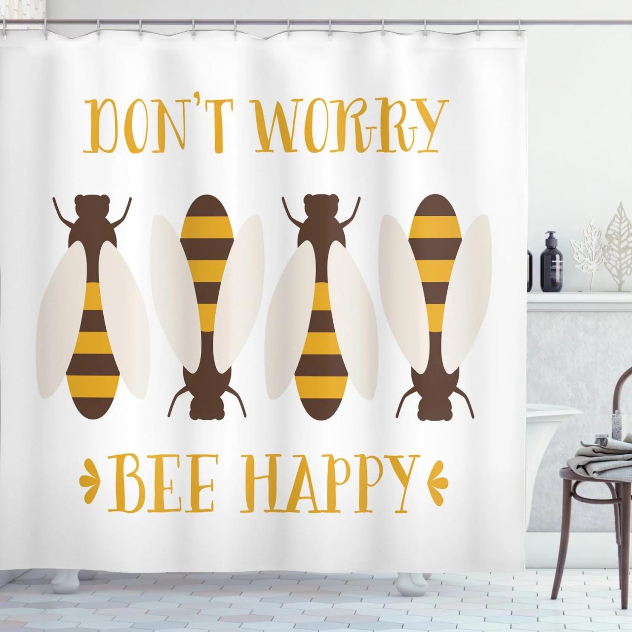 Honey Bee Shower Curtain, Don't Worry Bee Happy Humorous Calligraphy