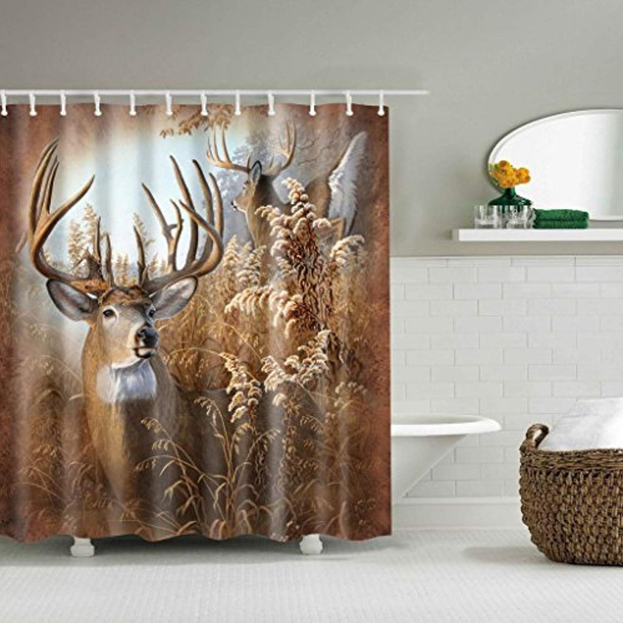 Menniw Deer printed Shower Curtain Rustic Fabric Bathroom Hunting Cabin