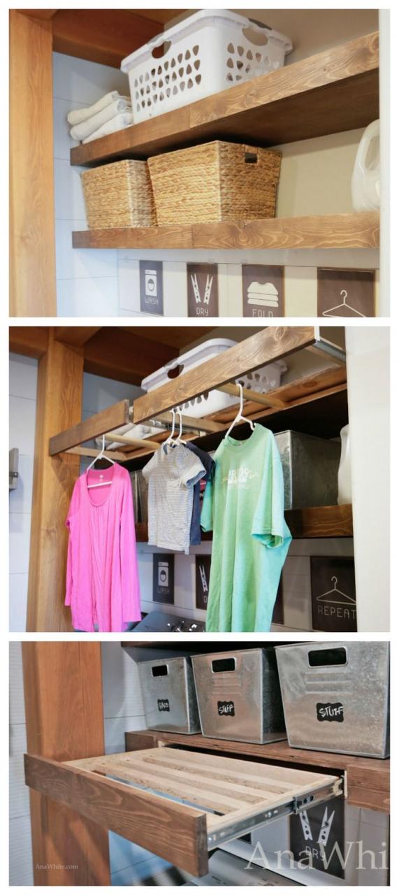 Floating Shelves Pull Out Drying Racks and Hanging Rods Laundry room