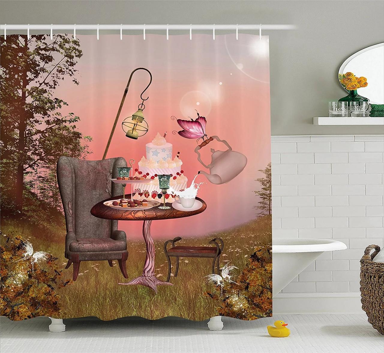 Surrealistic Shower Curtain by , Birthday Alice in Wonderland with Cake