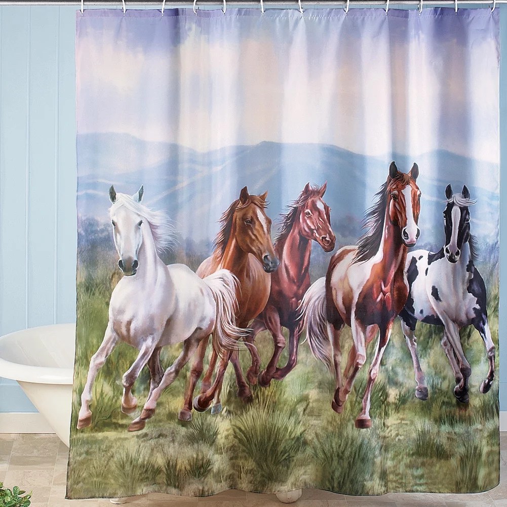 Western Galloping Horse Mountain Scene Shower Curtain Bathroom Decor