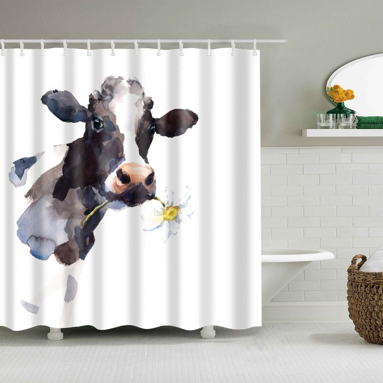 Cow Daisy Shower Curtain, Watercolor Print Farm Animals Cattle Daisy