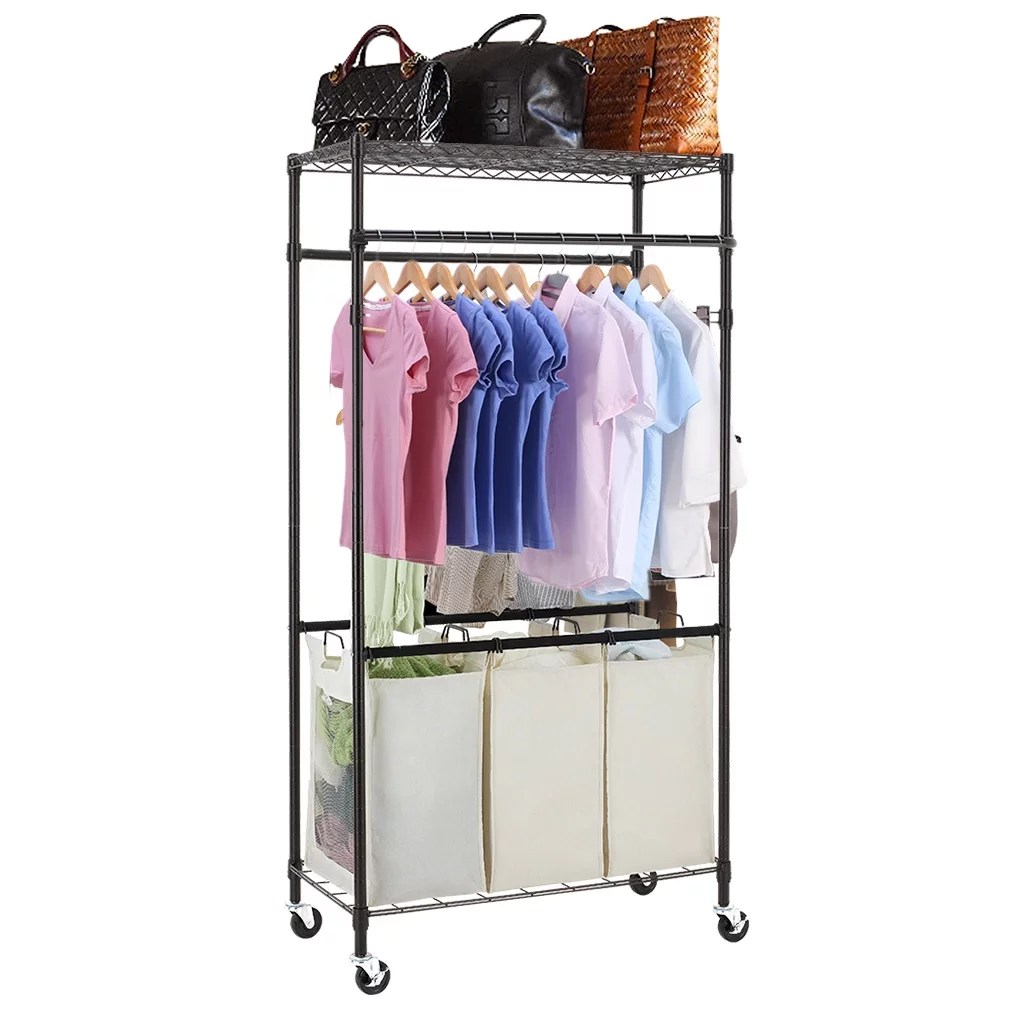 3 Compartment Laundry Sorter Hamper Heavy Duty Clothes Rack Hanging