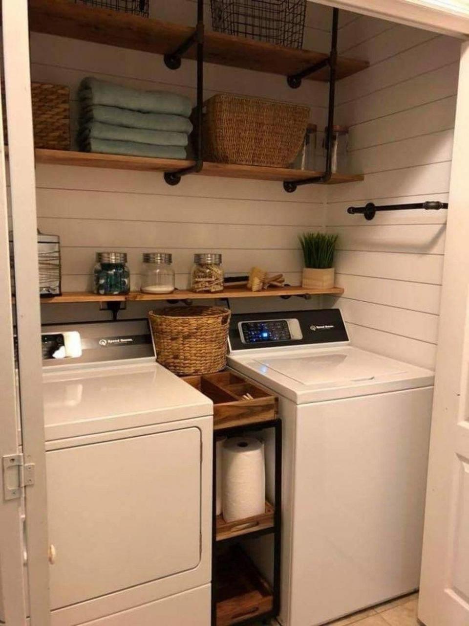 shiplap idea for behind washer and dryer with more industrial shelving