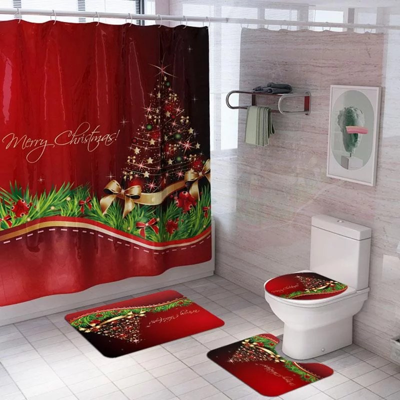 4PCS Santa Claus Christmas Shower Curtain Sets with NonSlip Rugs