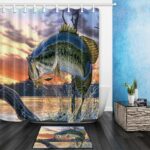 Bass Fish With Hooks And River Funny Waterproof Fabric Shower Curtain