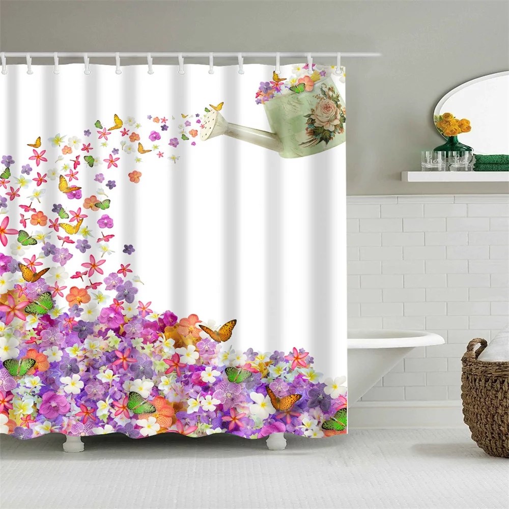 Shower Curtain Flower And Butterfly From Watering Can Bight Color Mauve