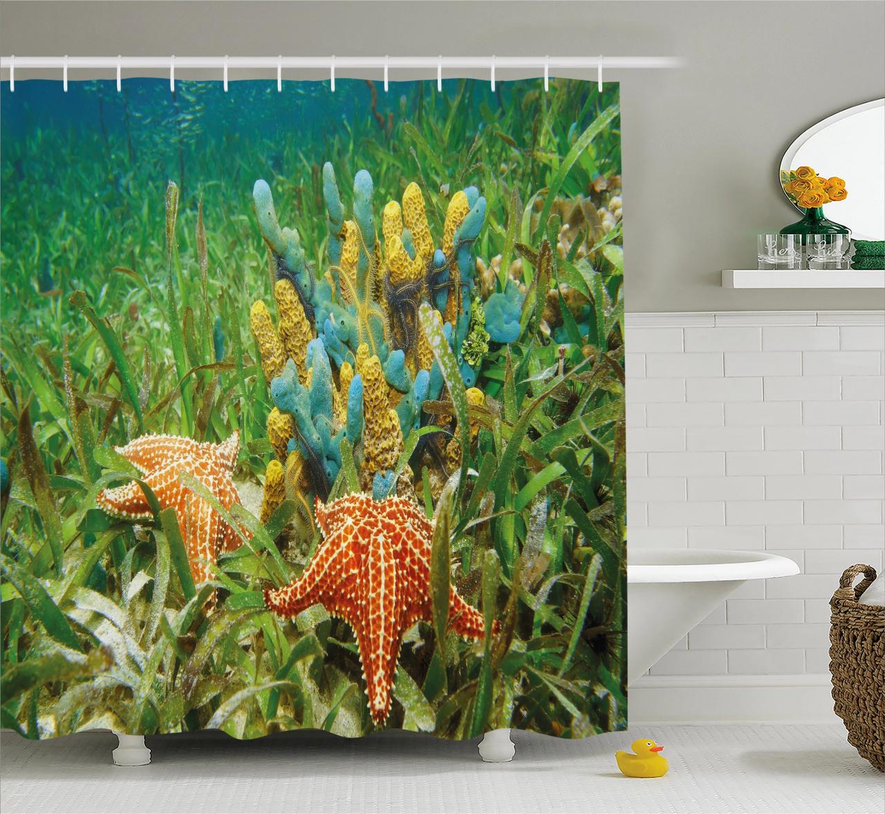 Starfish Decor Shower Curtain, Underwater Life with Colorful Sponges
