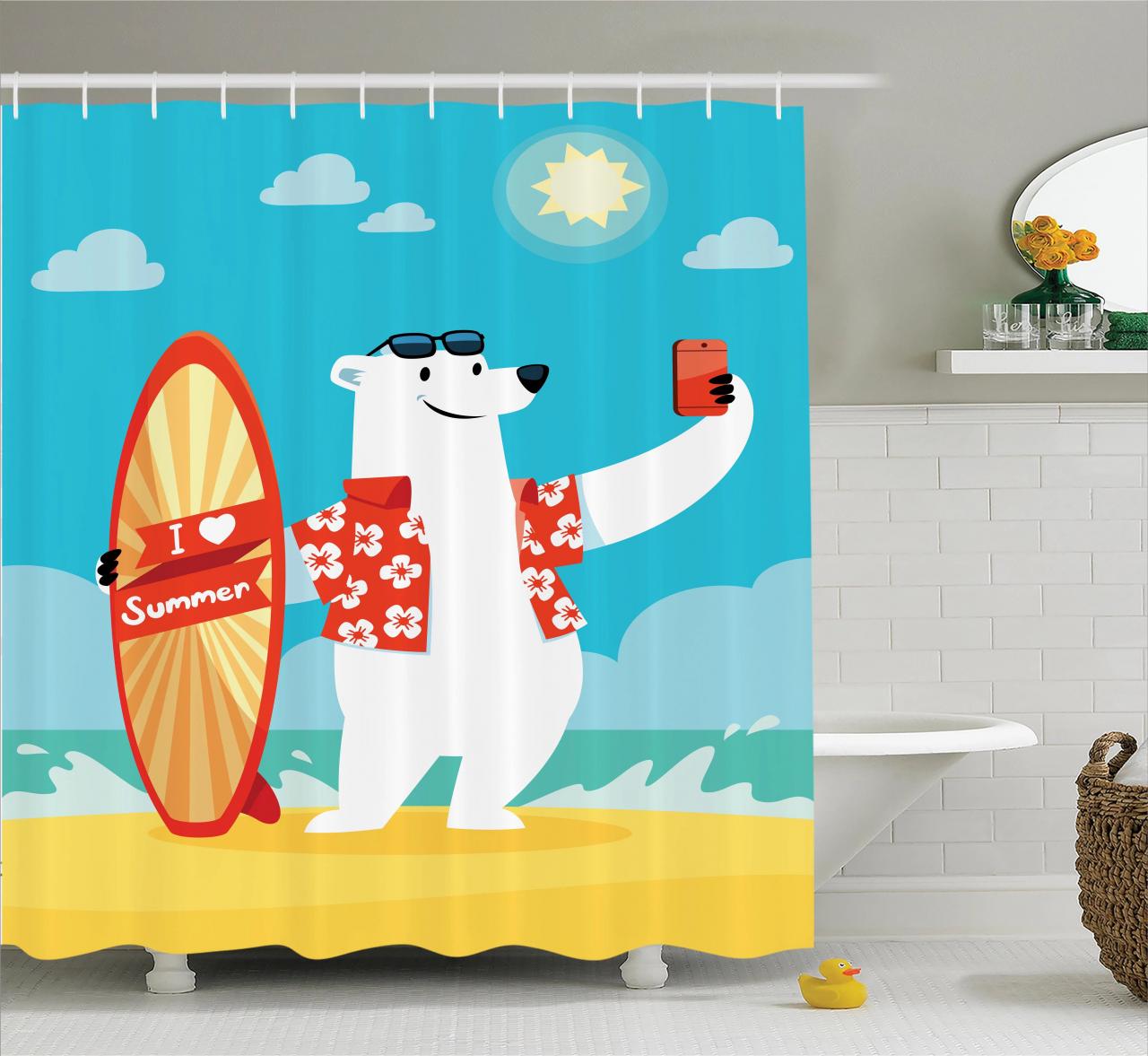 Kids Shower Curtain Set, Polar Bear with I Love Summer Surfboard Taking