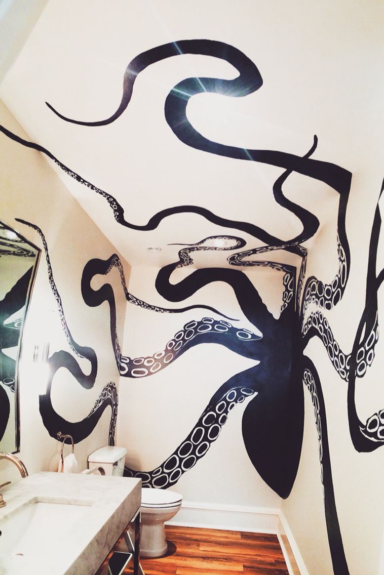 Octopus bathroom Acrylic paint Mural, Nautical decor, Design