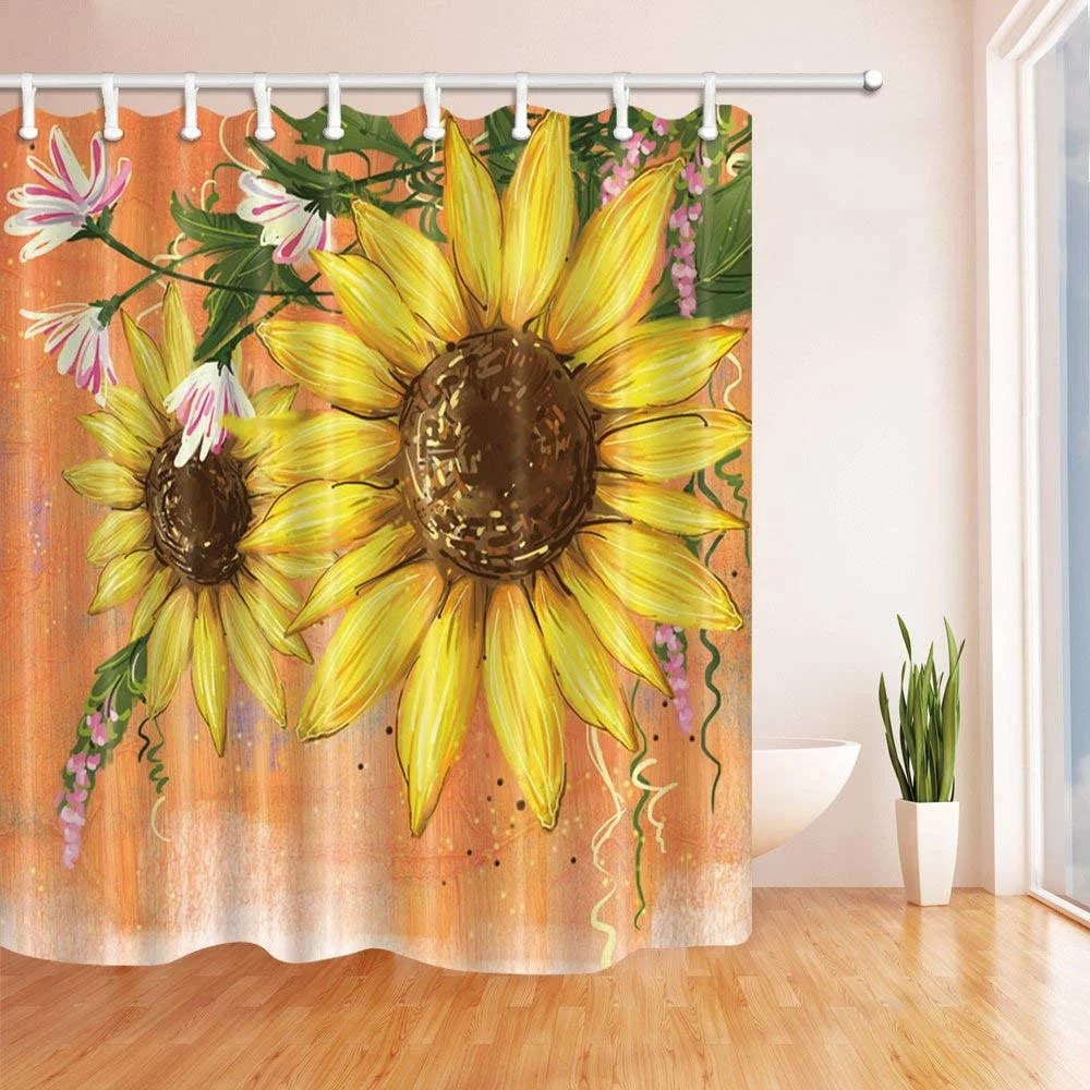 WOPOP Flowers Decor Watercolor Sunflower Polyester Fabric Bathroom