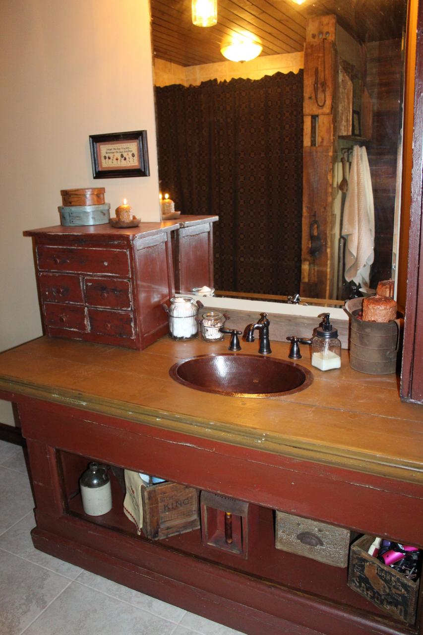 Primitive decor bathroom vanity made from old store counter
