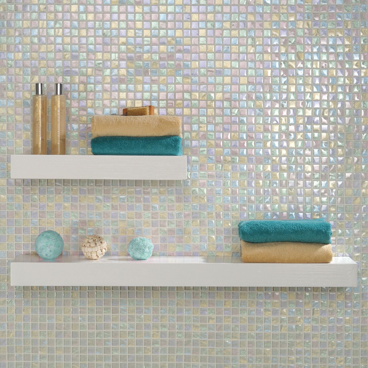 Mermaid chic. This beautiful iridescent tile from Mosaics Glassworks is
