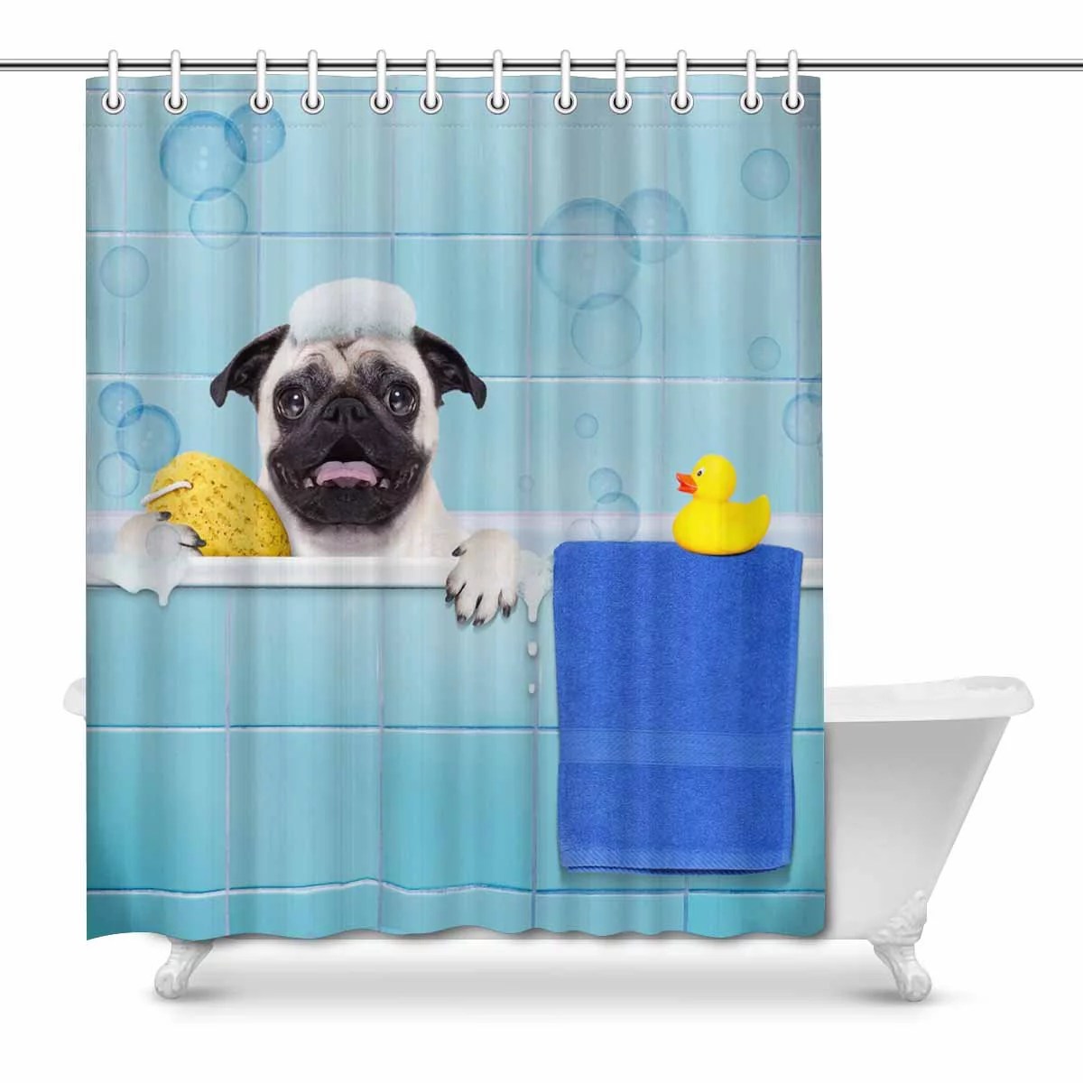 MKHERT Funny Pug Dog with Yellow Rubber Duck in Bathtub Waterproof