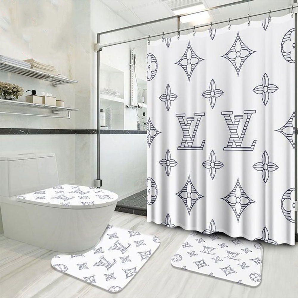 Louis vuitton lv white bathroom set luxury shower curtain bath rug mat