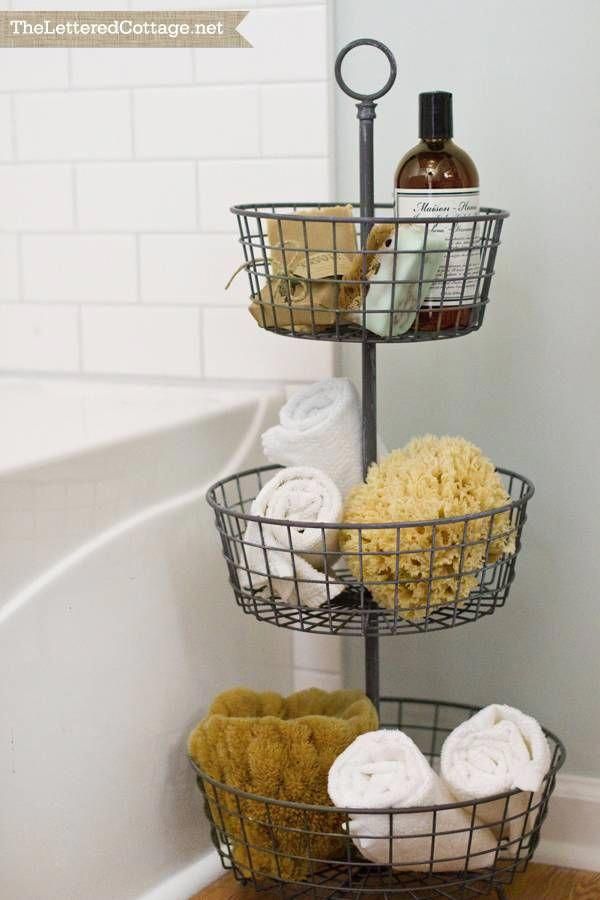 Place a threetiered fruit basket to hold shower supplies. 