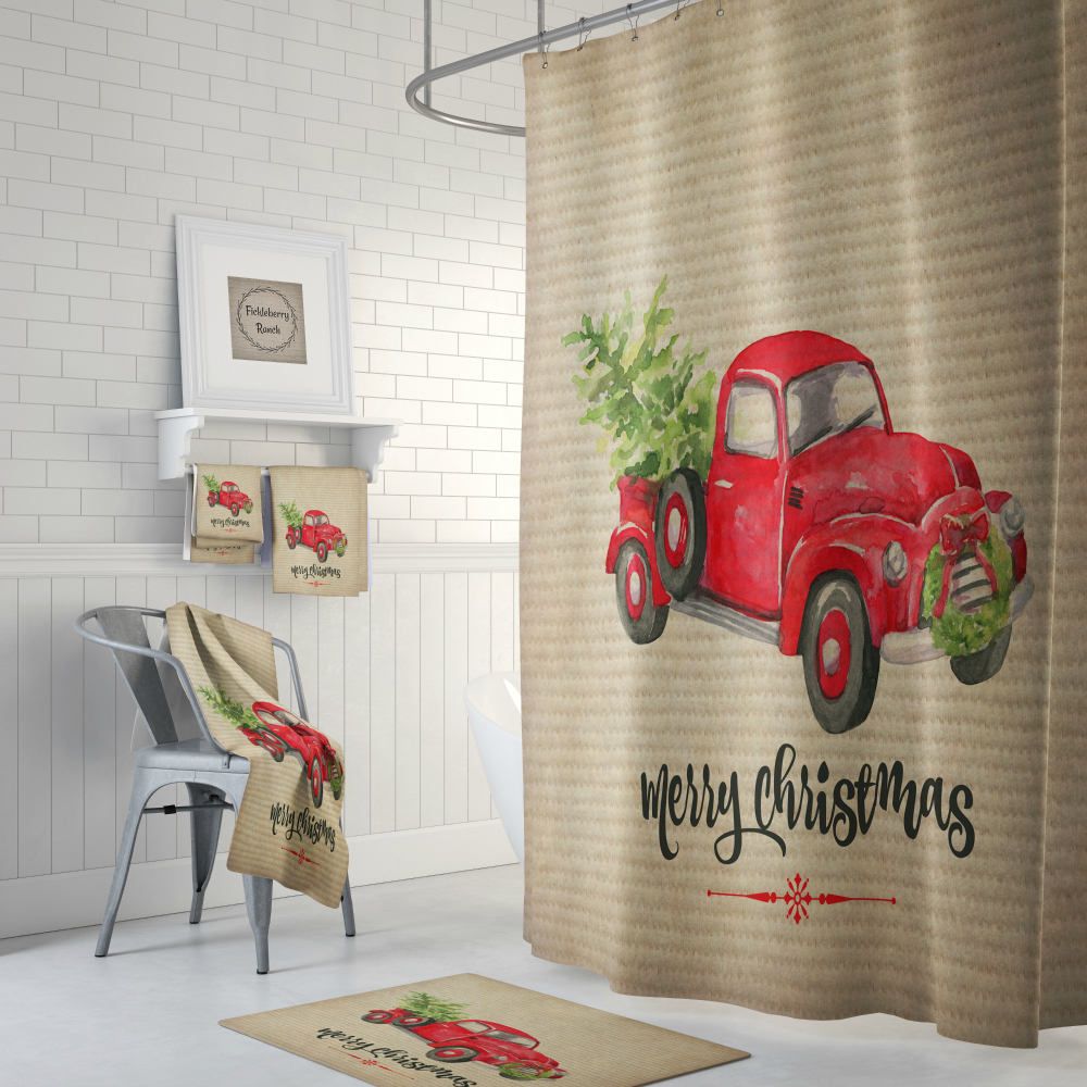 Red Truck With Christmas Tree Framhouse Shower Curtain, Rustic Country