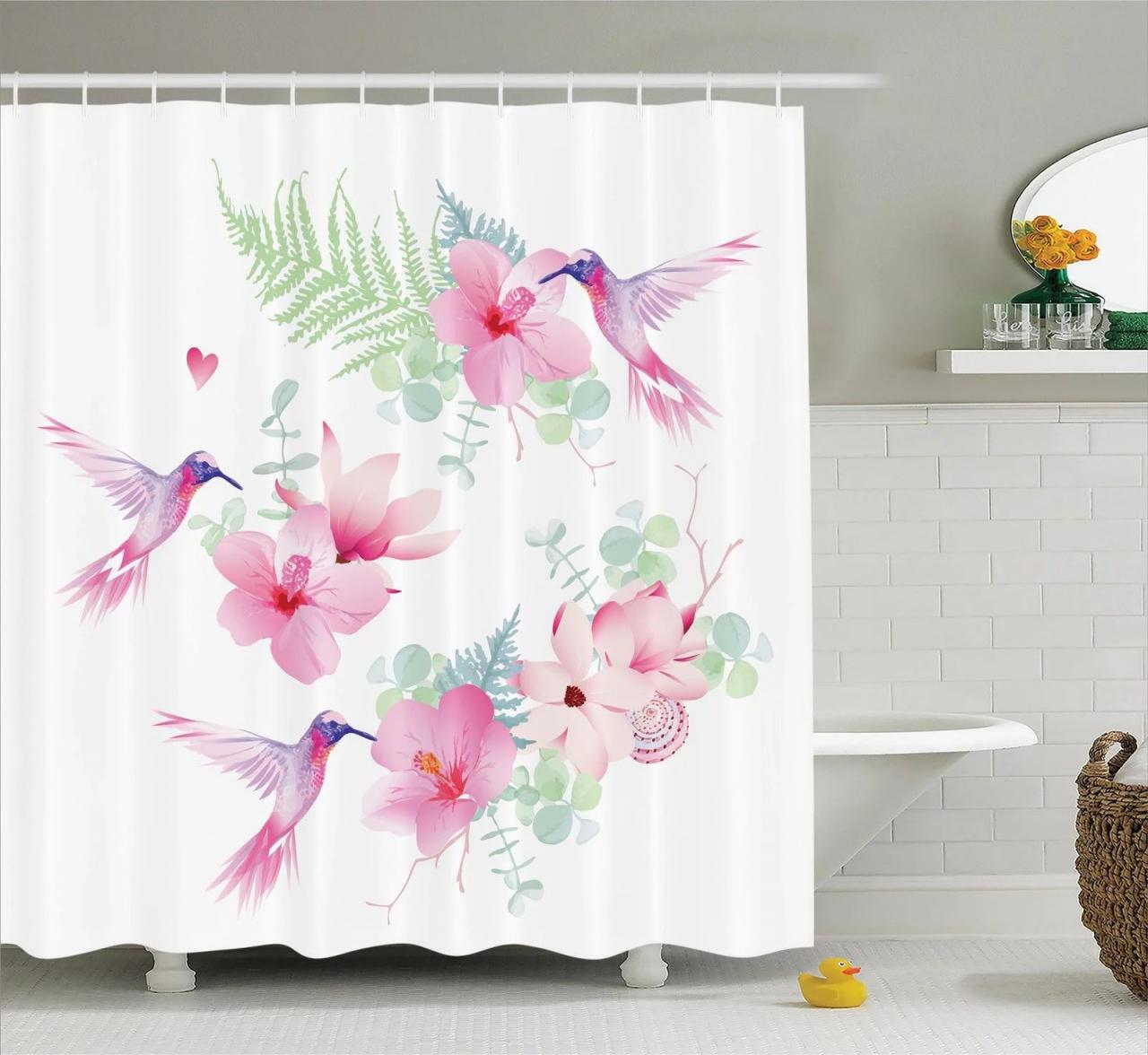 Hummingbirds Decorations Shower Curtain Set, Tropical Flowers With