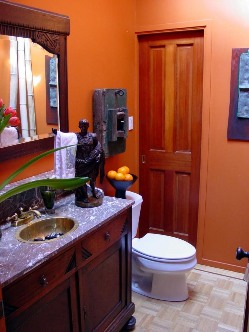 Wood and Marble Vanity in Burnt Orange Grecian Bathroom Orange