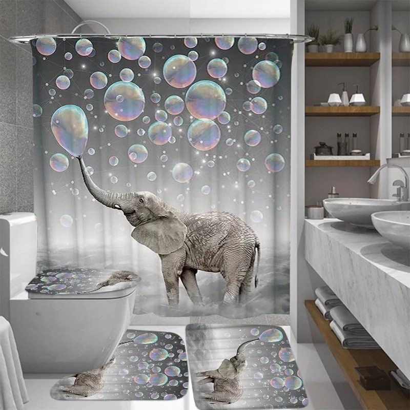 4PCS Elephant Pattern Bath Waterproof Shower Curtains with 12 Hooks