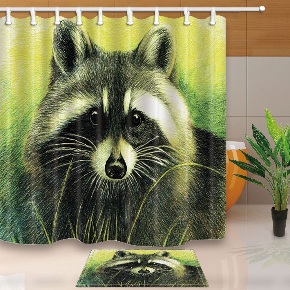 Raccoon Cute Animal Oil Painting Bathroom Fabric Shower Curtain Set