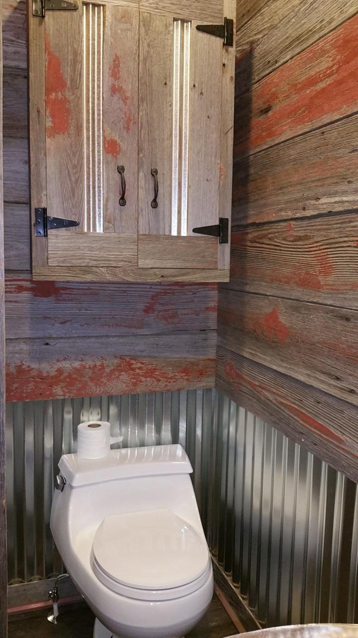 Rustic Bathroom.Reclaimed barn siding and galvanized steel bathroom