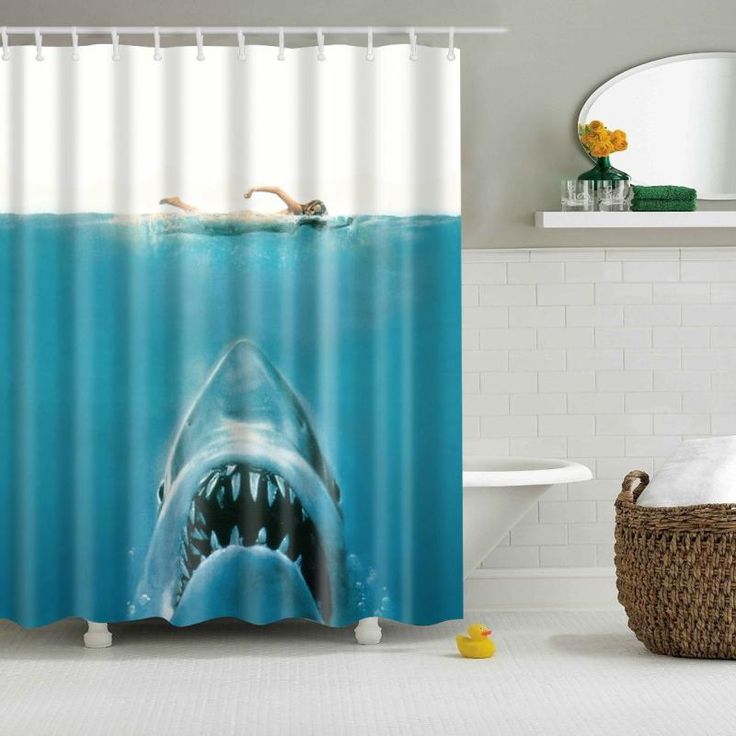 Jaws Shower Curtain, Girl Swimming Shark Movie Poster Bathroom Decor
