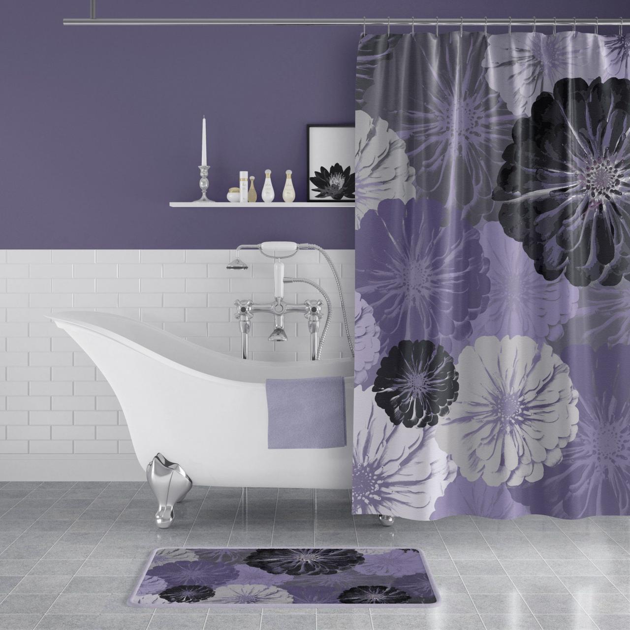 Purple and Gray Floral Print Shower Curtain Purple bathrooms, Gray