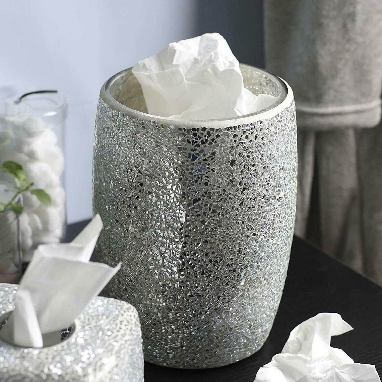 Decorative Silver Mosaic Glass Wastebasket/Trash Can Bathroom