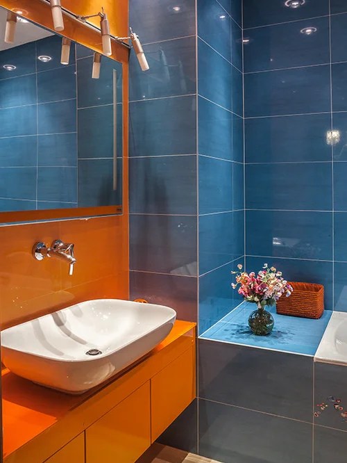 75 Blue Bathroom and Cloakroom with Orange Tiles Design Ideas