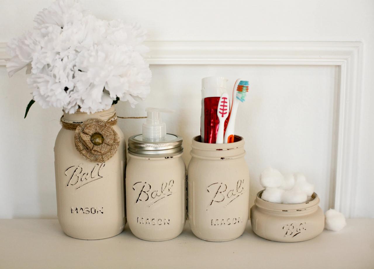 Buy a Custom Painted Distressed Mason Jars Bathroom Set Soap