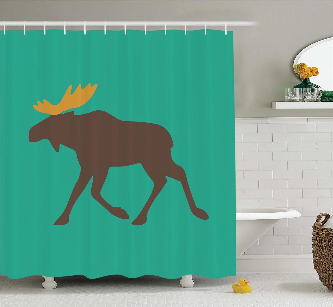 Moose Decor Shower Curtain, Moose with Antlers Illustration Deer Family