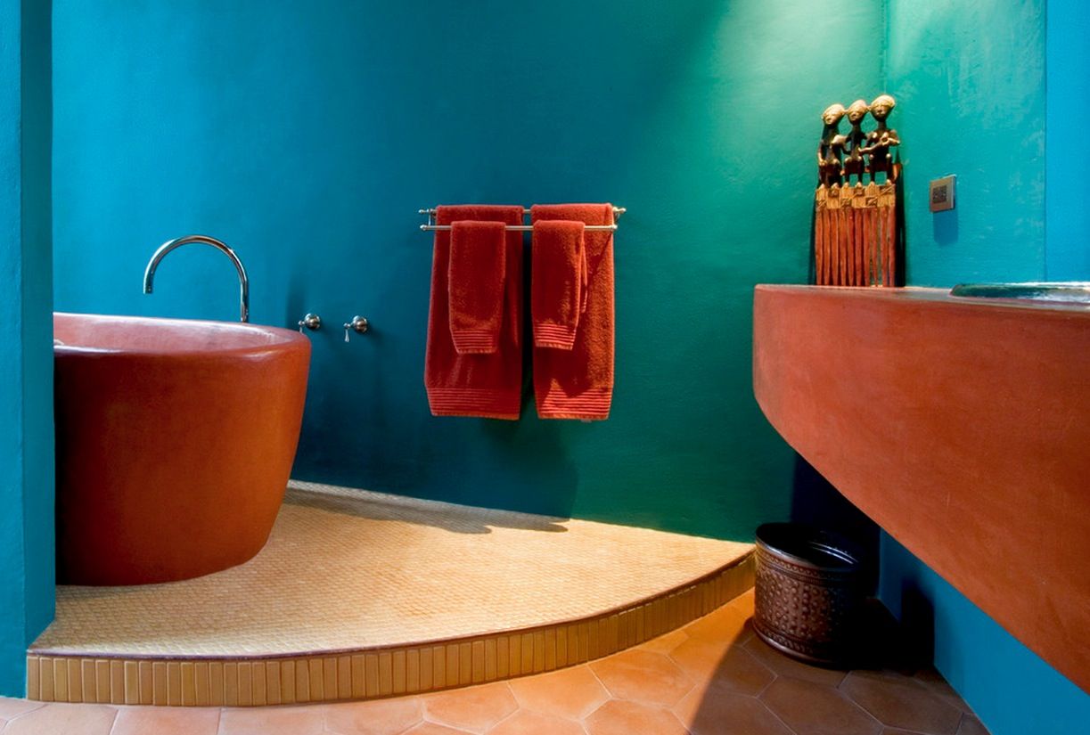 orange, blue, home, house, decor, interior, bathroom, color pattern