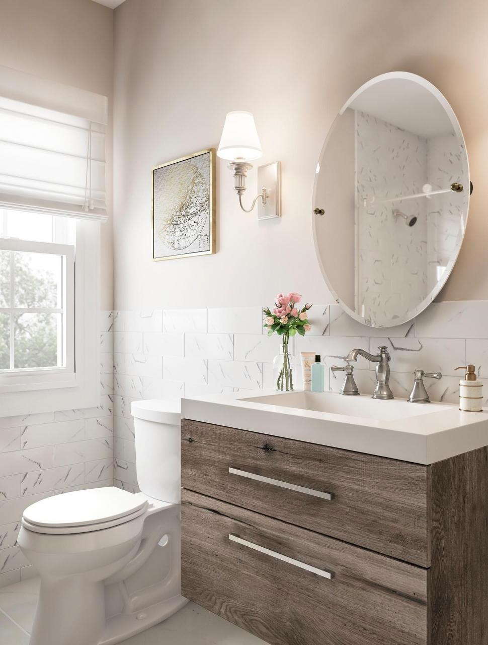 Give your bathroom a simple overhaul with mauve and oak. This is your