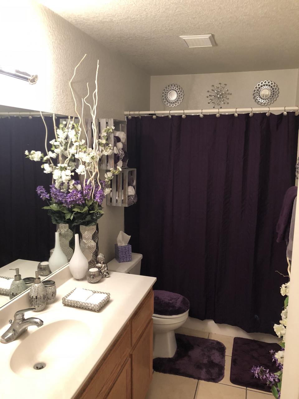 Mirrors on wall in shower Purple bathrooms, Purple bathroom decor
