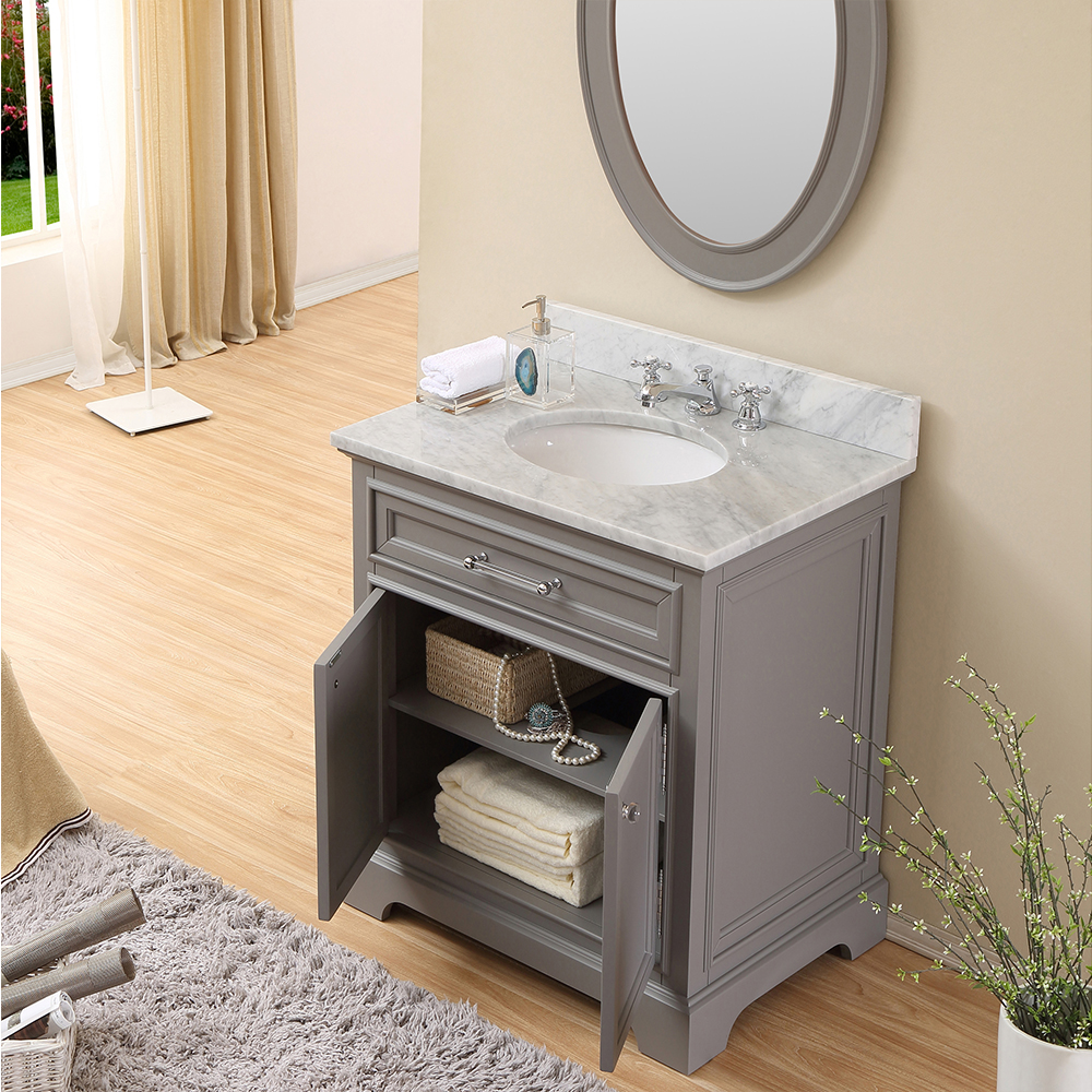 30" Cashmere Grey Single Sink Bathroom Vanity with White Carrara Marble Top