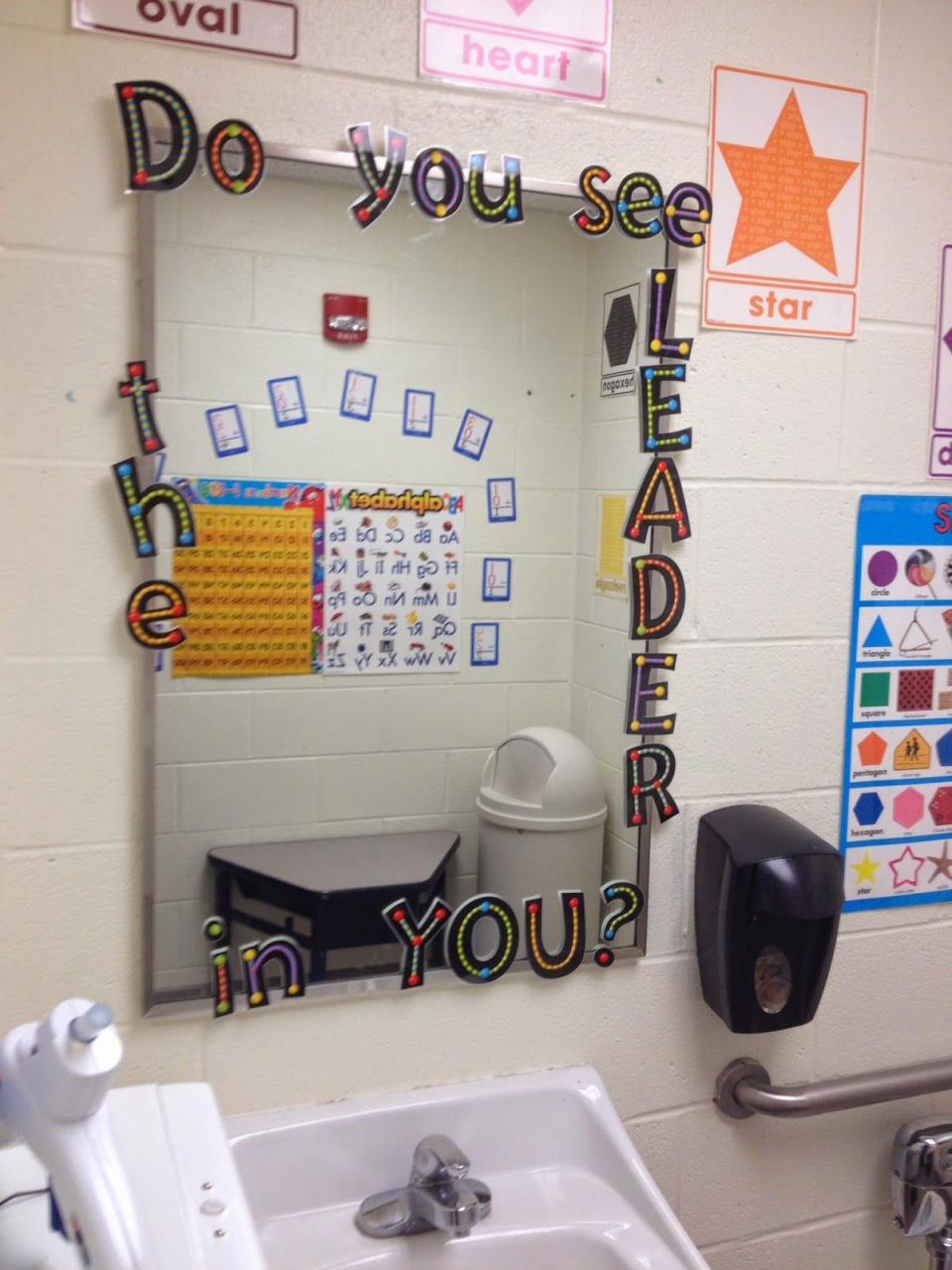 Classroom bathroom decorated with content posters and Leader in Me