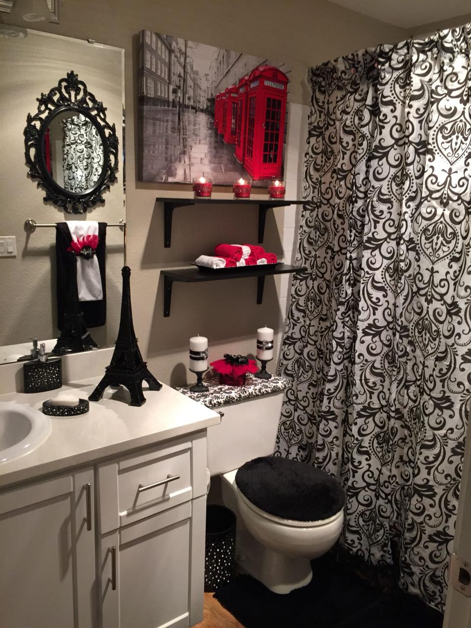 Black, white, and red bathroom. Glitz and glamour. Bathroom decor