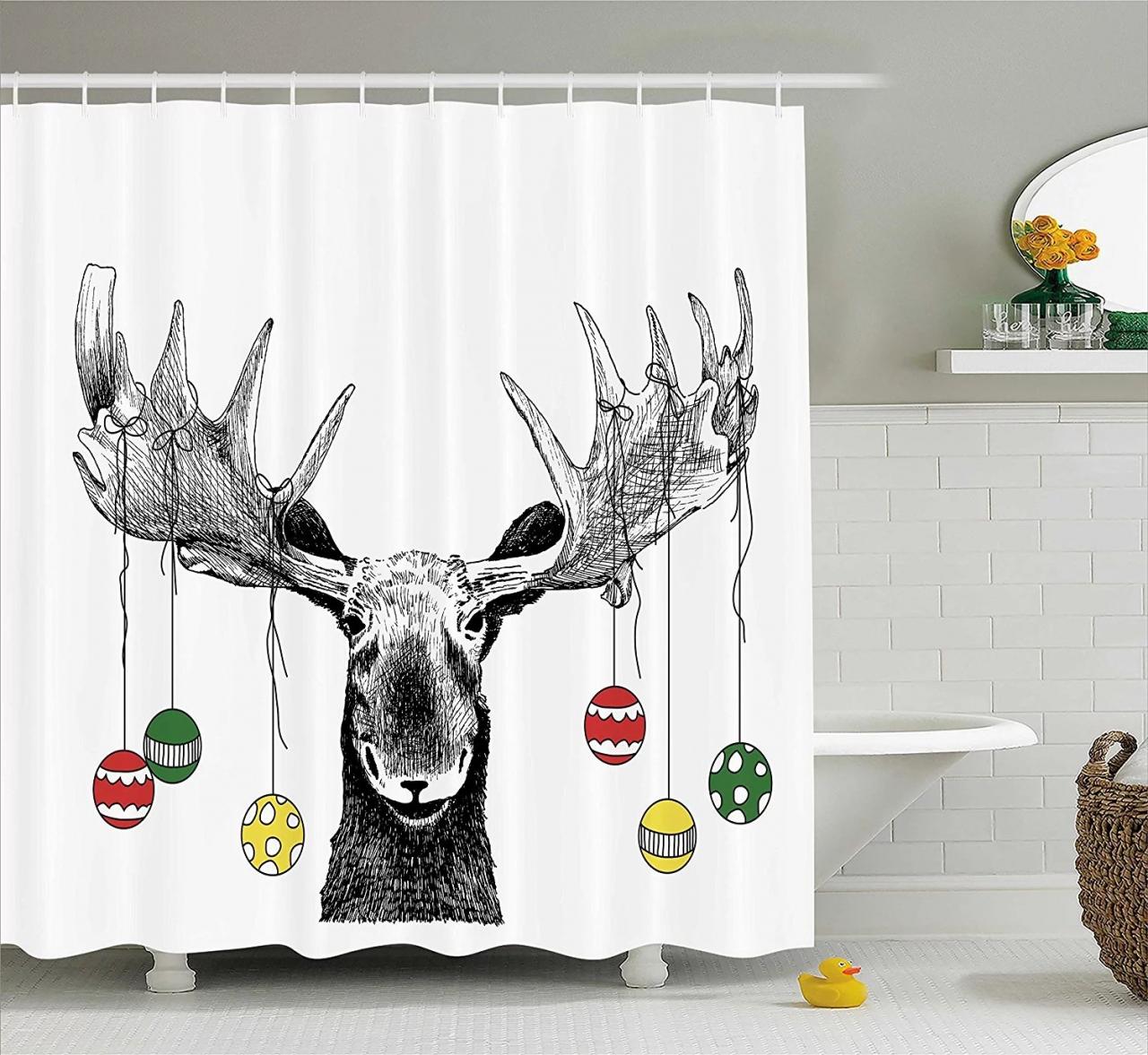 Moose Decor Shower Curtain by , Christmas Moose with Xmas Ornaments