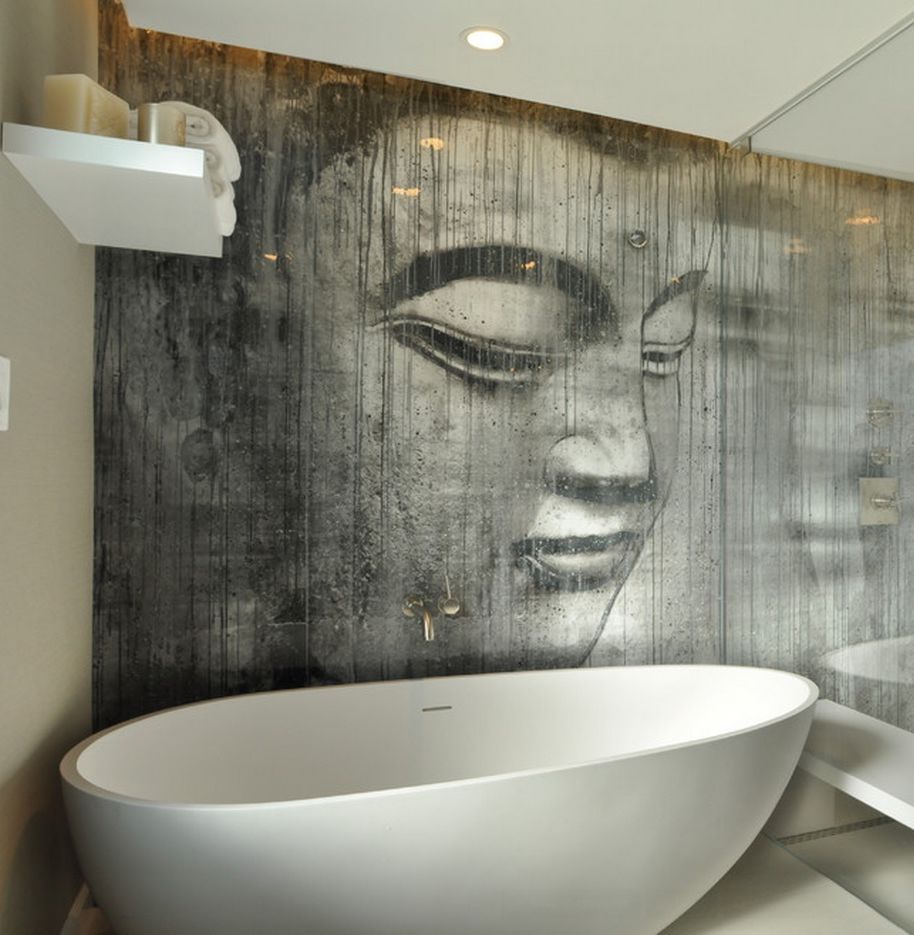 Buddha wallpaper in a bathroom. It's sealed behind a glass panel, and