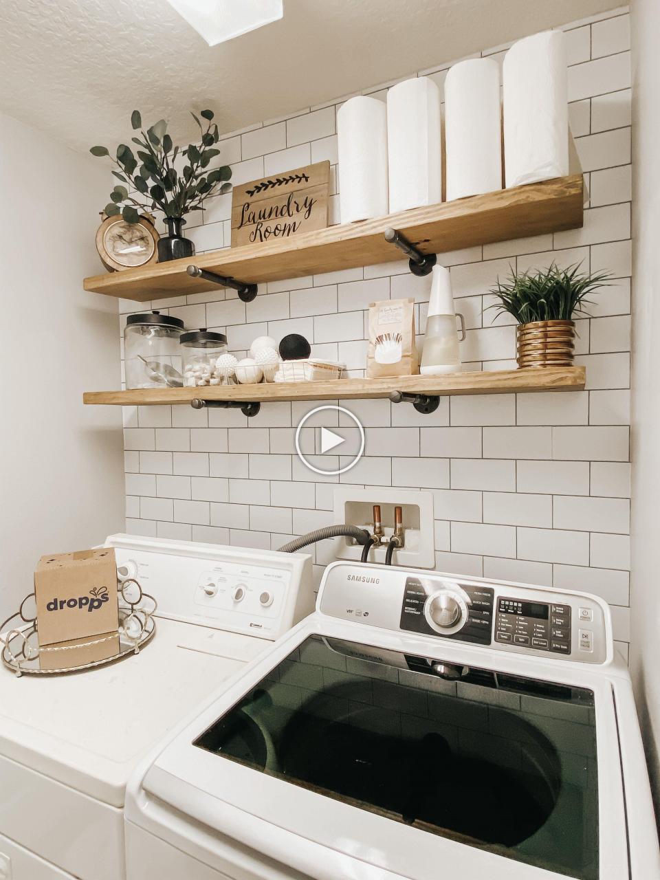 Small laundry room ideas on a budget. DIY open shelving and peel and