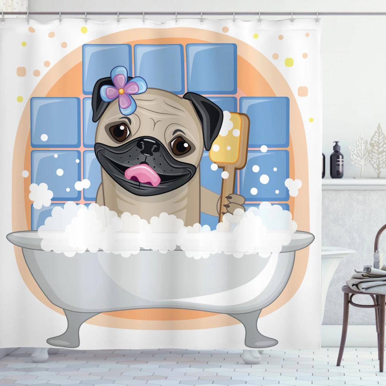 Pug Shower Curtain, Caricature of a Dog Having Bath Bubbles Colorful