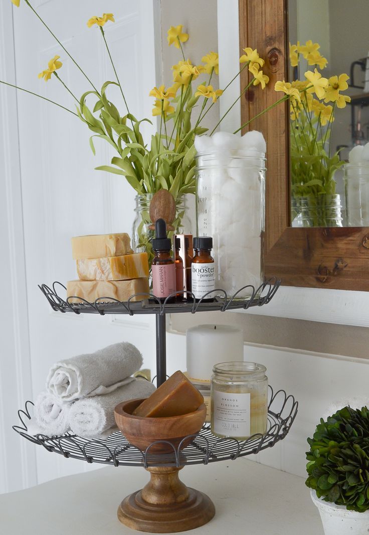 5 Ways to Style a Tiered Tray. Farmhouse style tiered tray in bathroom