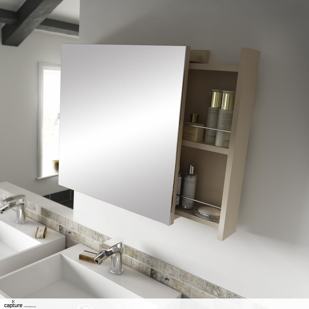 Practical and sleek mirrored bathroom with sliding storage