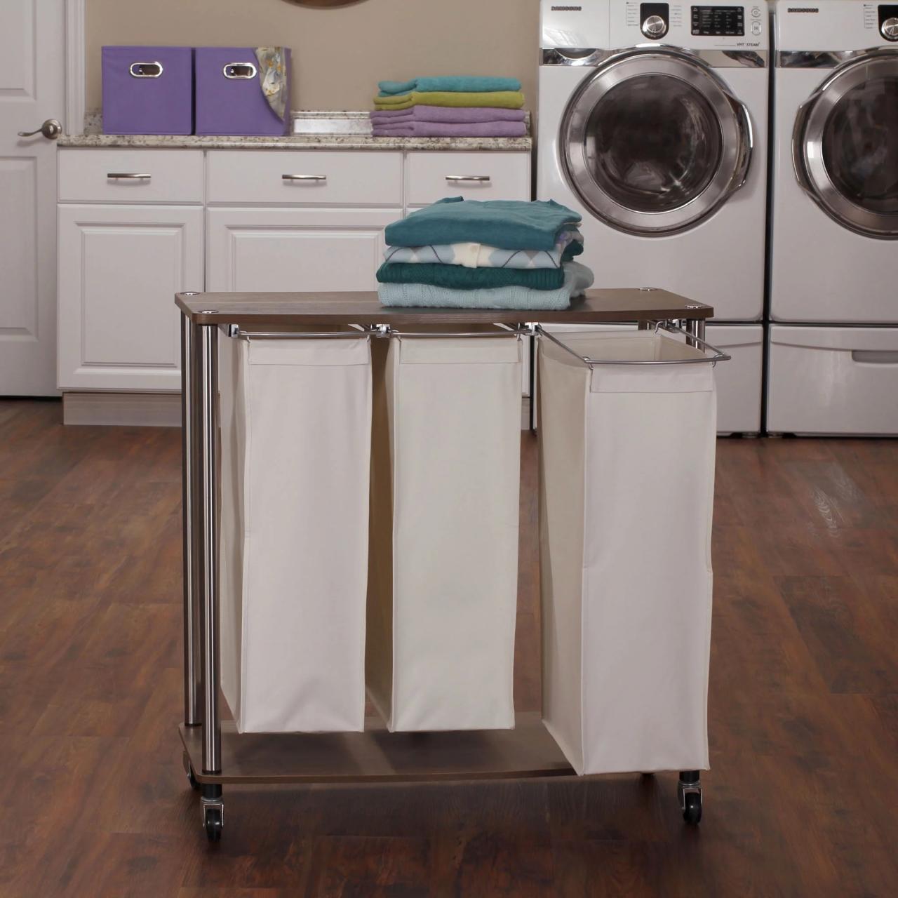 Household Essentials 3Bag Rolling Laundry Sorter, Walnut