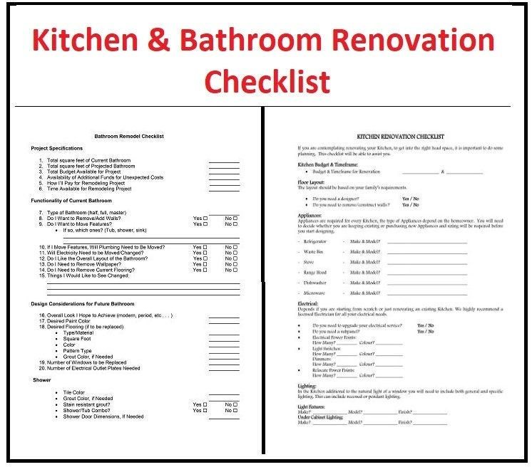 Kitchen and Bathroom Renovation Checklist All in One Etsy Kitchen