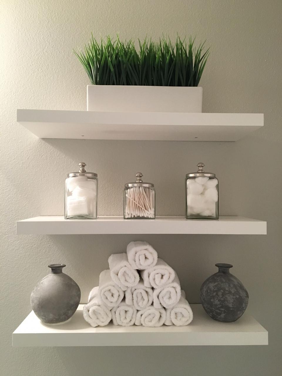 Bathroom, shelves, modern, clean, white and grey, added shelves, green